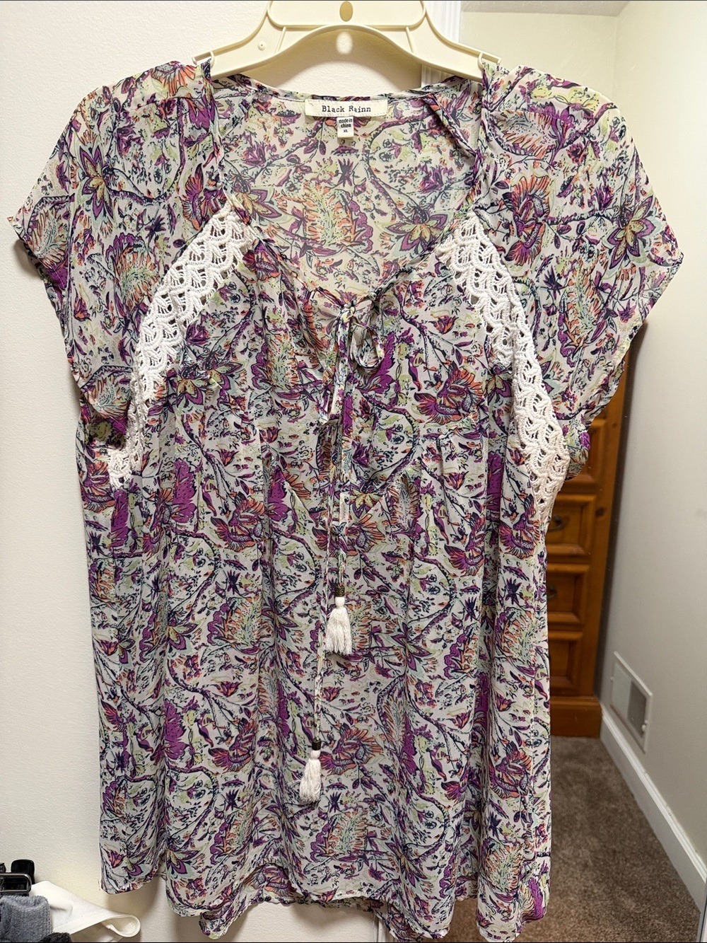 Black Rainn Cream Tunic with Purple Floral Print and Crochet Trim